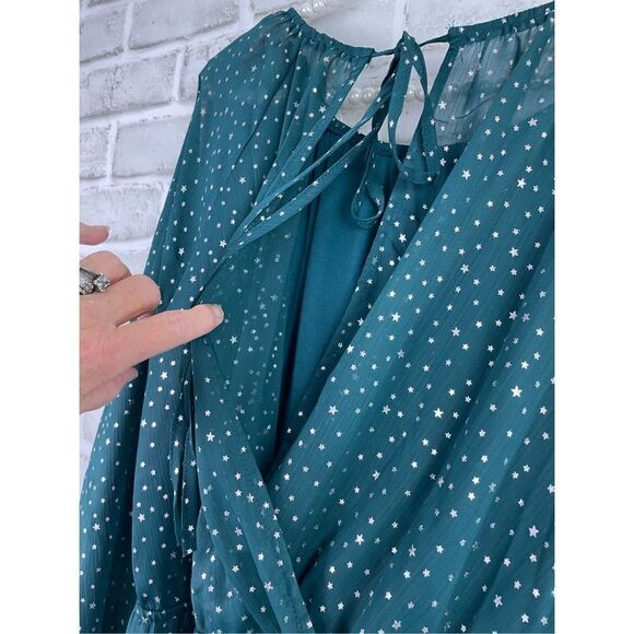 Andree Women's Green Star Print Balloon Sleeves Tie Back Mini Dress Size Medium - Picture 6 of 8